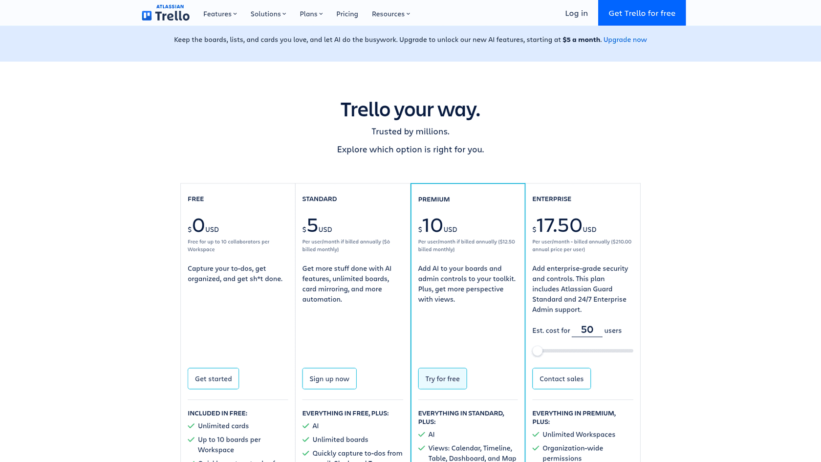 Trello's pricing page showing the Free, Standard, Premium, and Enterprise plans, as taken from Trello