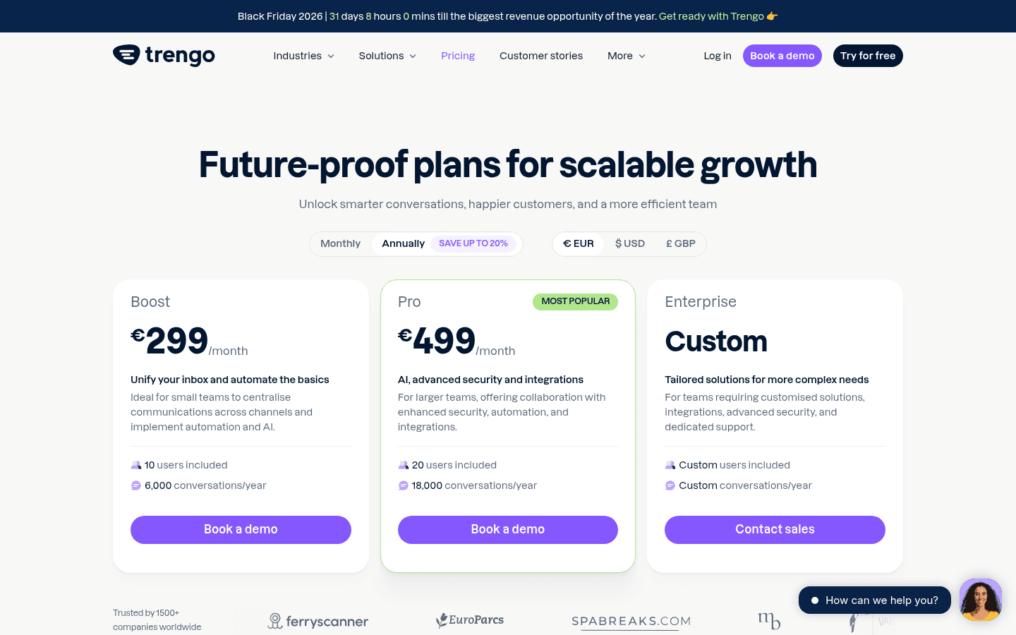Trengo pricing page showing Boost at €299 and Pro at €499 a month billed annually, with 10 and 20 users included, as taken from Trengo