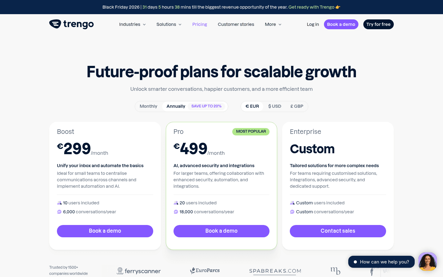 Trengo pricing page showing Boost at €299 a month and Pro at €499 a month on annual billing, with 10 and 20 users included, as taken from Trengo