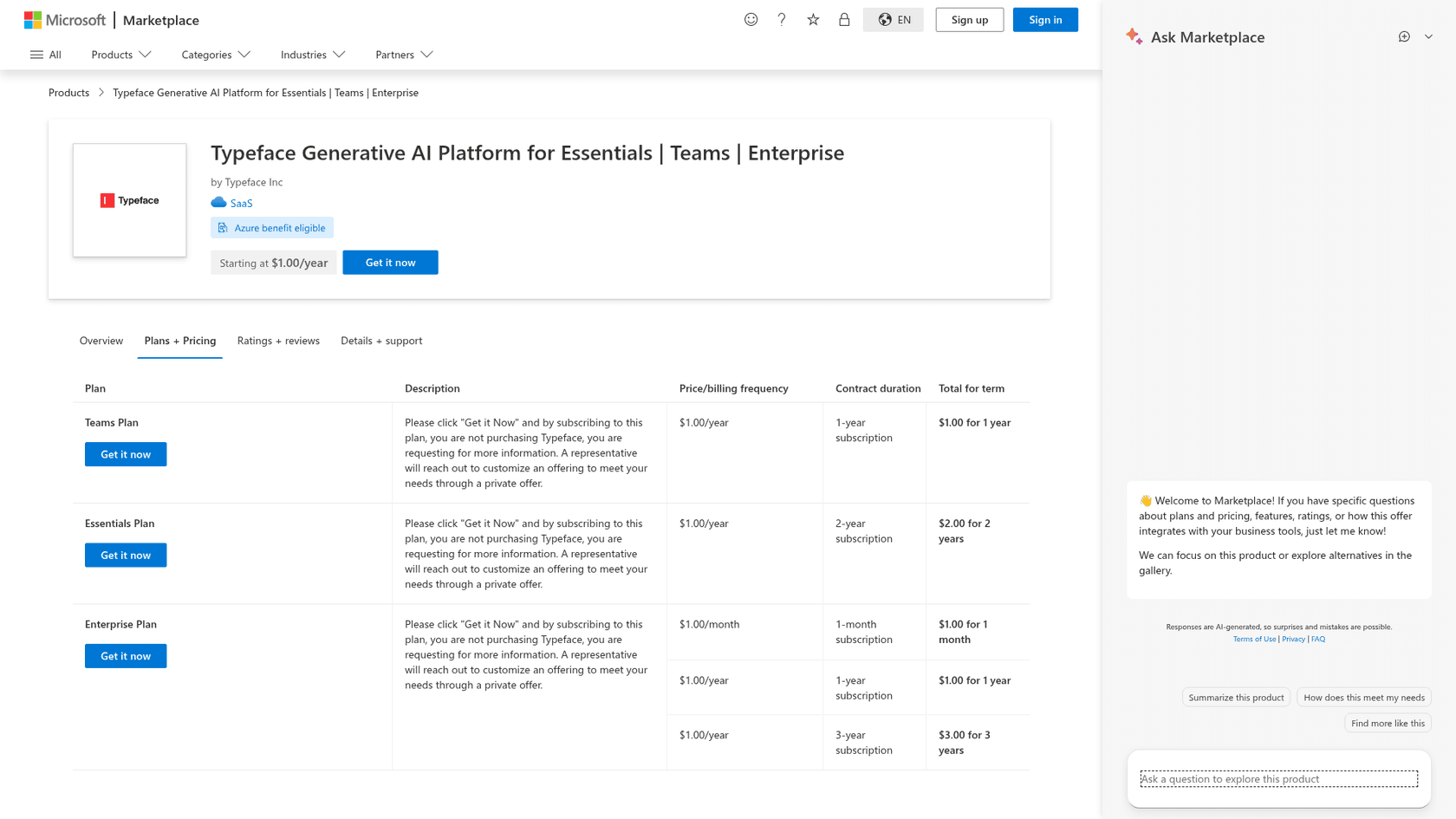 Typeface plans on Microsoft Marketplace, each listed as a $1.00 placeholder for a private offer, as taken from Microsoft Marketplace