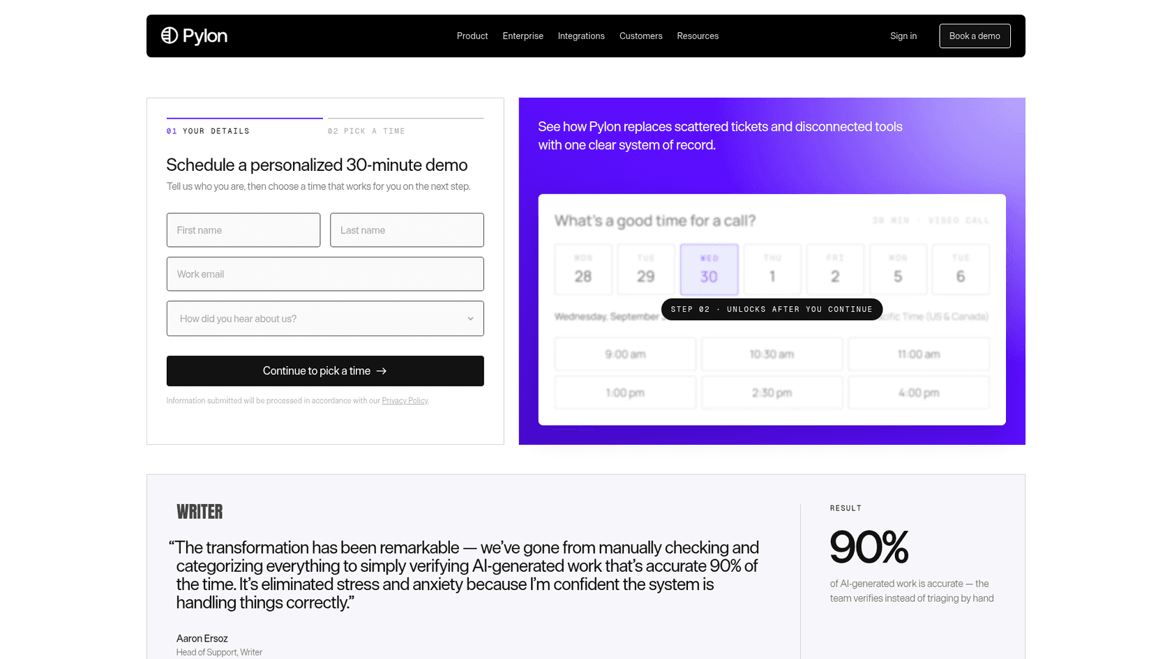 Pylon's current pricing page, a demo booking form with no price table, as taken from usepylon.com