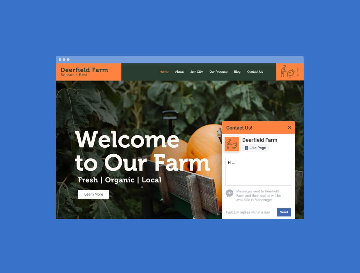 Vendor gallery image of a farm website with an orange Contact Us box open, showing the Deerfield Farm Page, a Like Page button, a message field, a note that replies will be available in Messenger, and a Send button, as taken from the Wix App Market listing