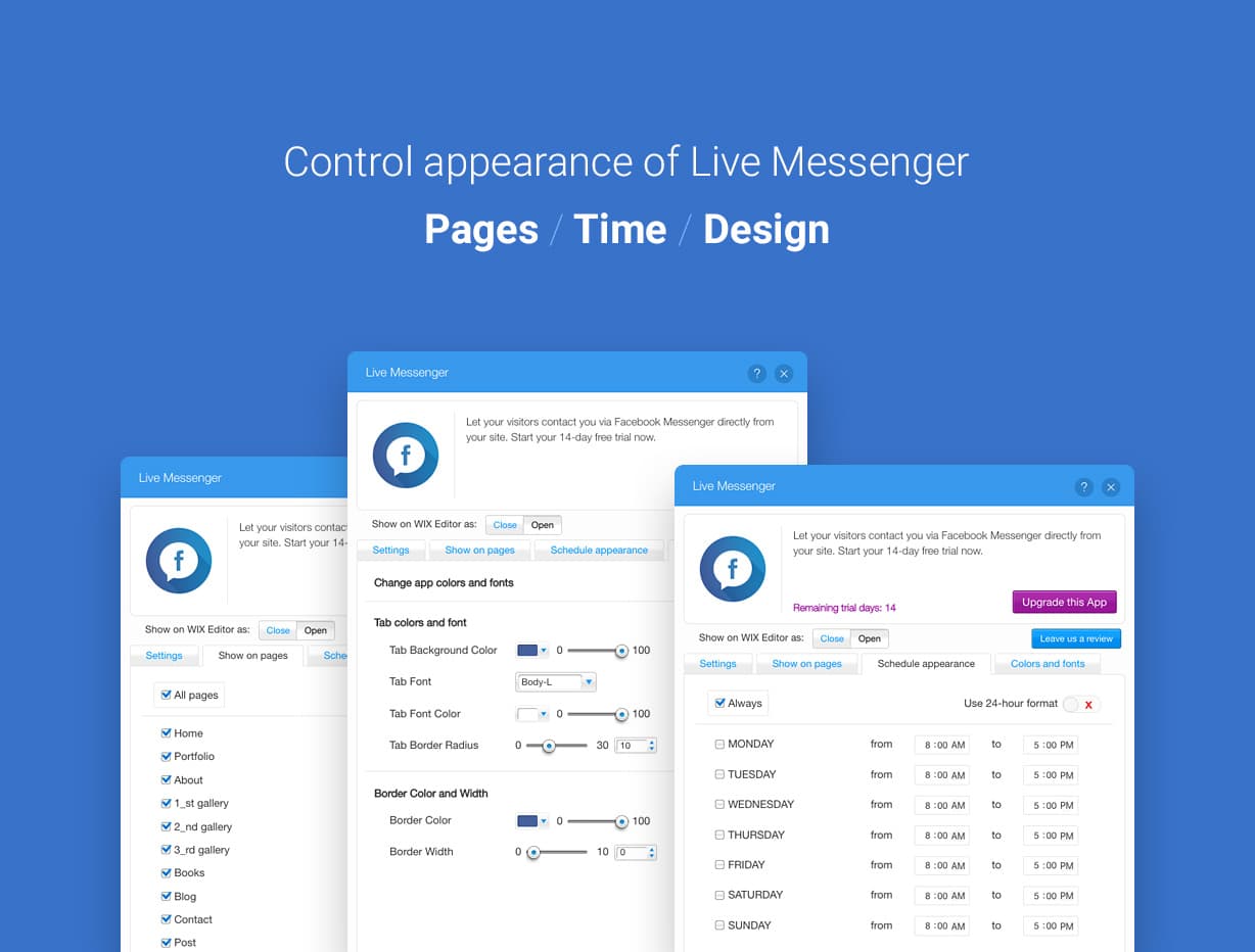 Vendor gallery image titled Control appearance of Live Messenger, Pages, Time, Design, showing three settings panels: a page checklist, tab colour and font controls, and a weekly schedule with from and to times for each day, as taken from the Wix App Market listing