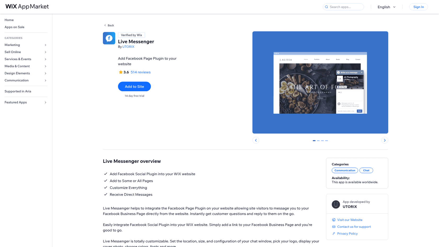 The Live Messenger listing by UTORIX on the Wix App Market, showing Verified by Wix, a 3.6 rating from 514 reviews, a 14 day free trial and a gallery image of a website with a Facebook message box, as taken from the Wix App Market