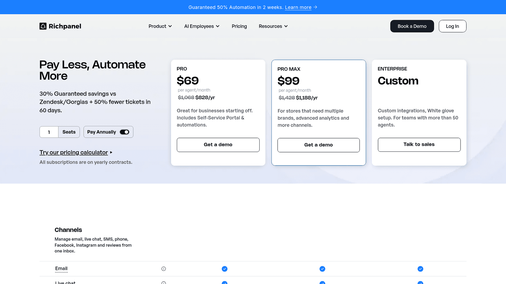 Richpanel pricing page headlined Pay Less, Automate More, with Pro at $69 and Pro Max at $99 per agent a month on annual billing ($828 and $1,188 a year) and a custom Enterprise plan, as taken from Richpanel