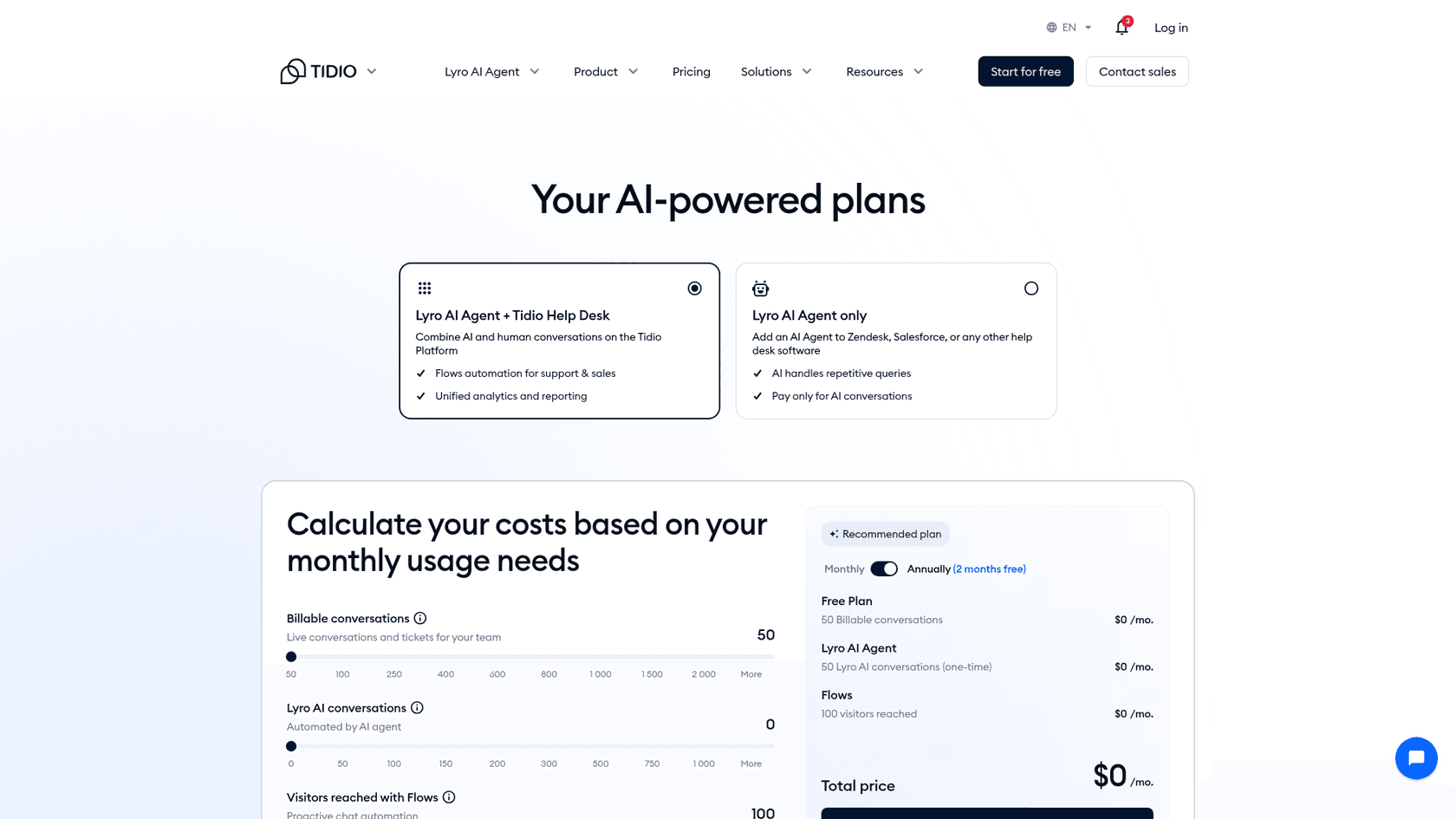 Tidio's pricing calculator headlined Your AI-powered plans, with a choice between Lyro AI Agent plus Tidio Help Desk and Lyro AI Agent only, sliders for billable conversations and Lyro AI conversations, and a recommended Free plan at $0, as taken from Tidio