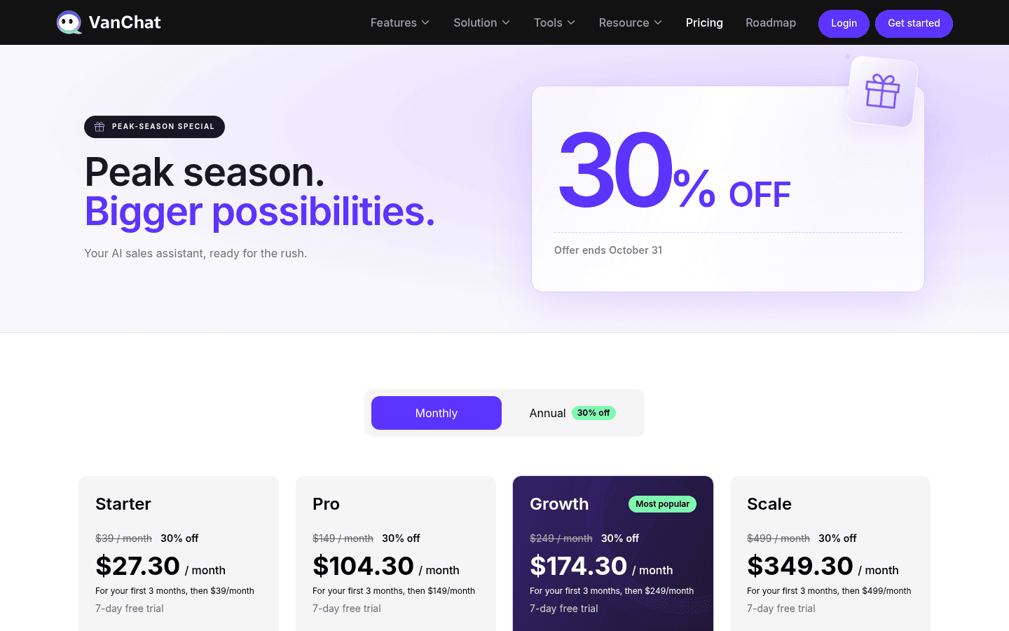 VanChat's peak-season pricing banner offering 30% off until October 31, with a Monthly and Annual toggle above the plan cards, as taken from the VanChat pricing page