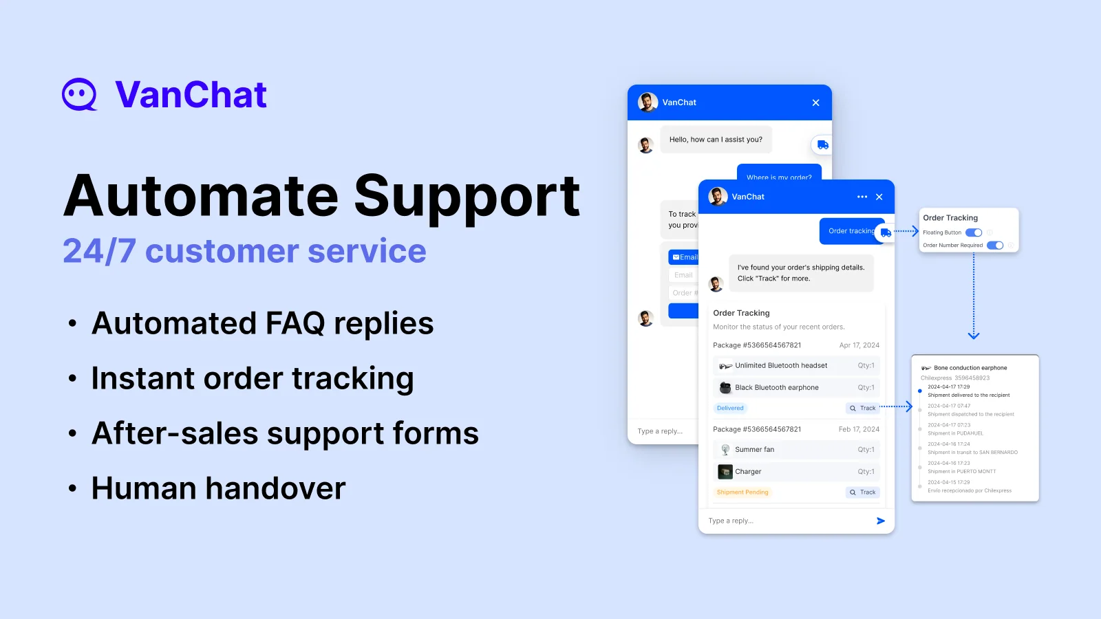 VanChat's listing image Automate Support, showing a shopper asking Where is my order, the bot returning two packages with Delivered and Shipment Pending labels, and a carrier timeline, as taken from the Shopify App Store