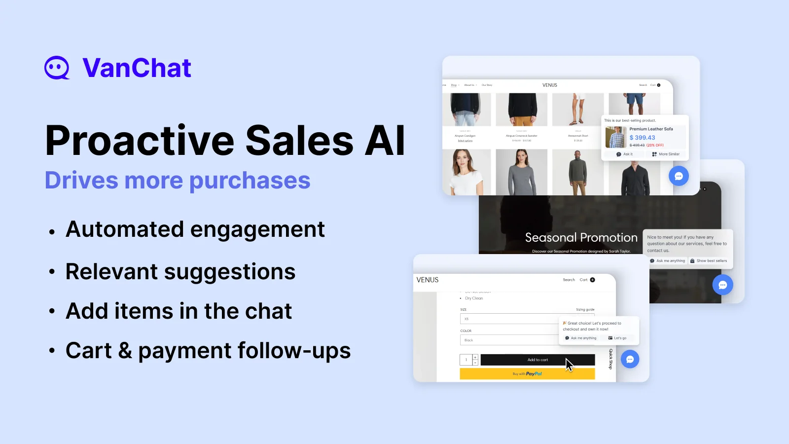 VanChat's listing image Proactive Sales AI, showing a best-seller pop-up on a collection page, a seasonal promotion greeting and a Great choice nudge after Add to cart, as taken from the Shopify App Store