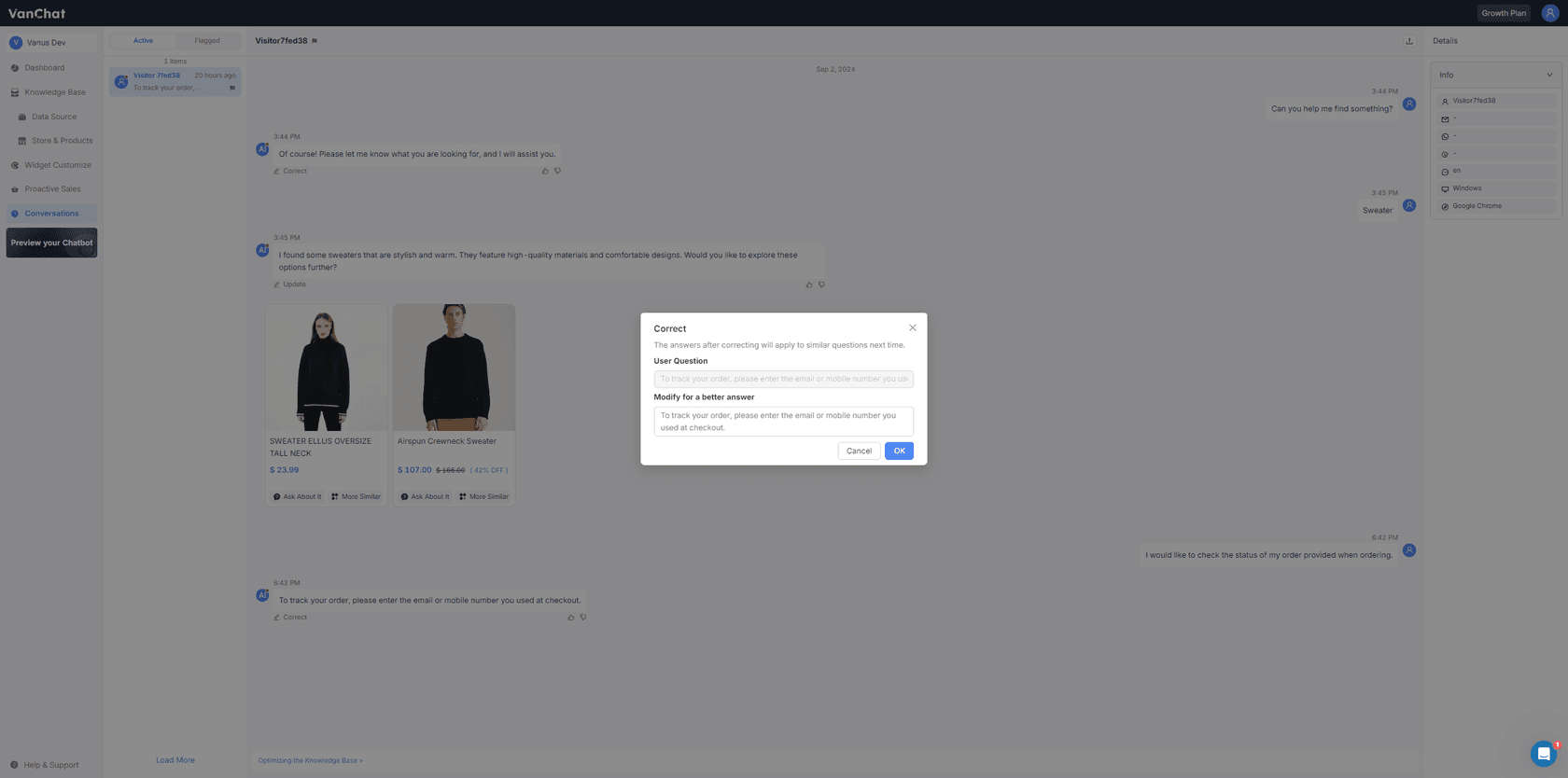 VanChat's Conversations view with a Correct dialog open, showing the shopper's question about order tracking and a field to modify the AI's answer, with the note that corrections apply to similar questions next time, as taken from VanChat's help center