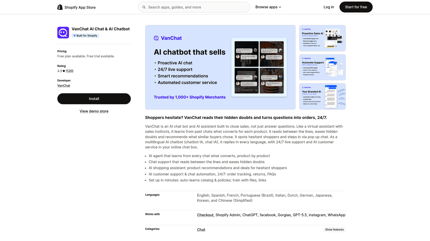 VanChat's Shopify App Store listing showing the Built for Shopify badge, Free plan available, a 4.9 rating from 120 reviews, and the gallery headline AI chatbot that sells, as taken from the Shopify App Store
