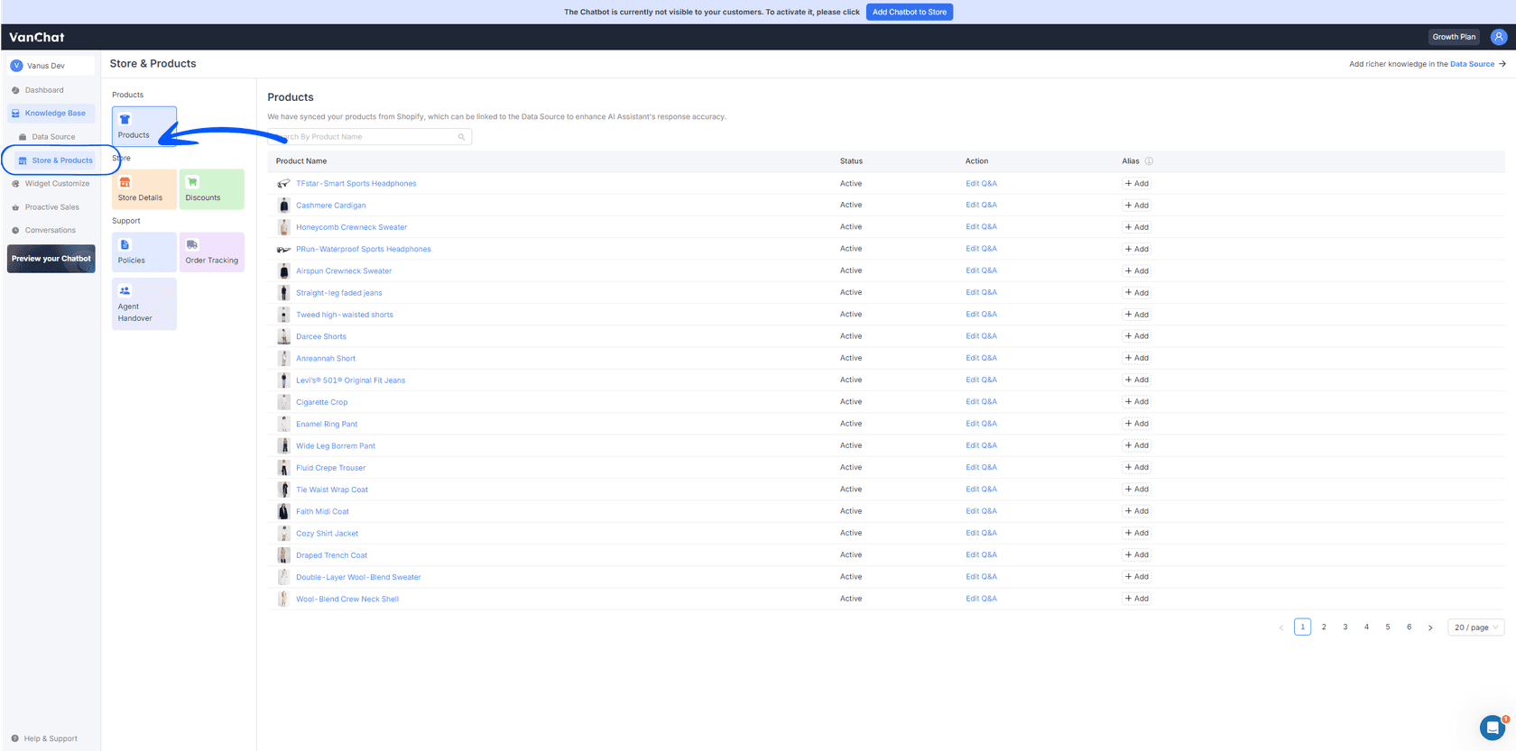 VanChat's Store & Products dashboard listing synced Shopify products with Edit Q&A and Alias actions, and side tiles for Store Details, Discounts, Policies, Order Tracking and Agent Handover, as taken from VanChat's help center