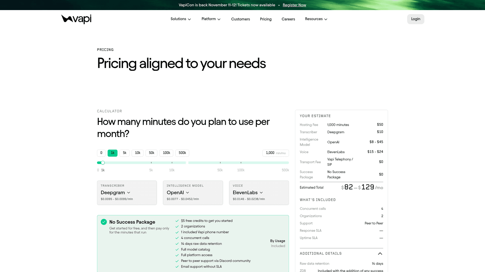 Vapi's pricing calculator estimating $82 to $129 per month for 1,000 minutes, as taken from Vapi's pricing page