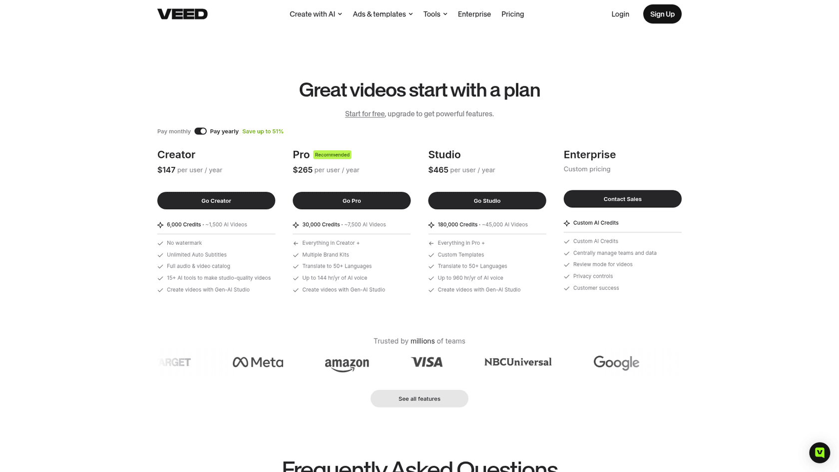 Veed pricing page with the Creator, Pro, Studio and Enterprise plans, as taken from Veed