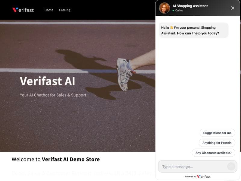 The Verifast AI Shopping Assistant open on Verifast's demo Shopify store, greeting the visitor and offering three starter chips, Suggestions for me, Anything for Protein and Any Discounts available, with a Powered by Verifast footer, captured from the demo store linked on the Shopify listing