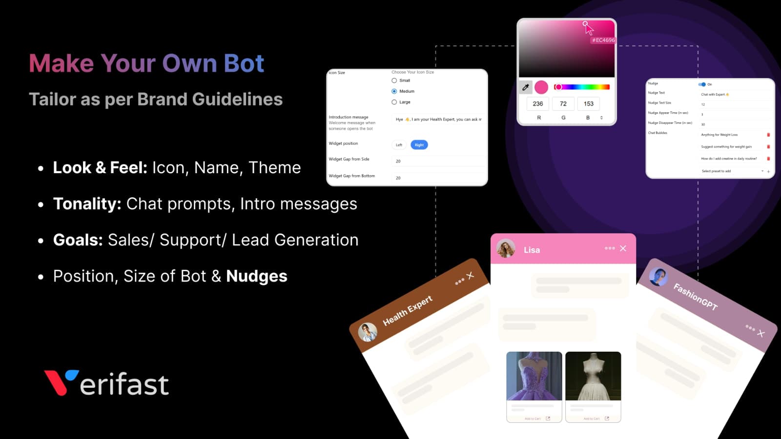 Verifast's Make Your Own Bot gallery image, showing a settings panel for icon size, introduction message and widget position, a color picker, a nudge settings panel with chat bubble presets, and three styled bot windows named Health Expert, Lisa and FashionGPT, as taken from the Shopify App Store