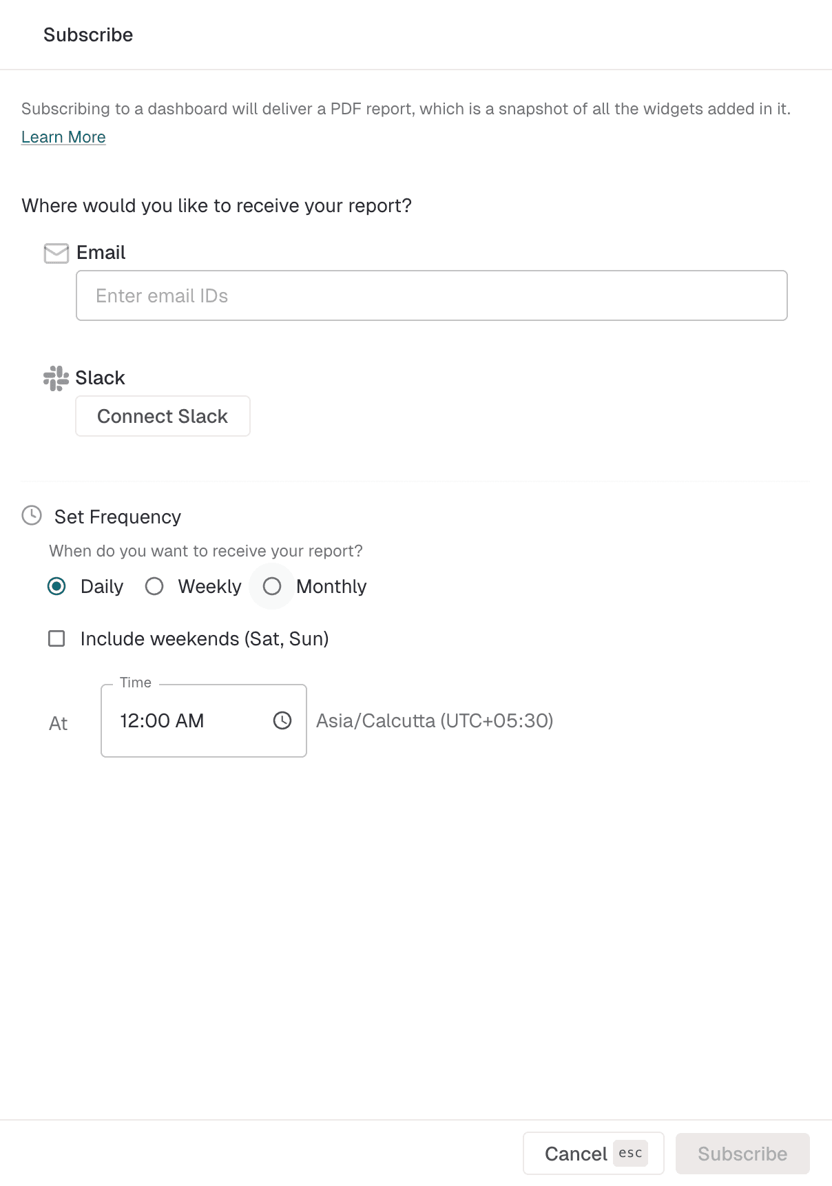 Enterpret Subscribe panel offering email or Slack delivery with daily, weekly or monthly frequency and a delivery time, as taken from Enterpret's help center
