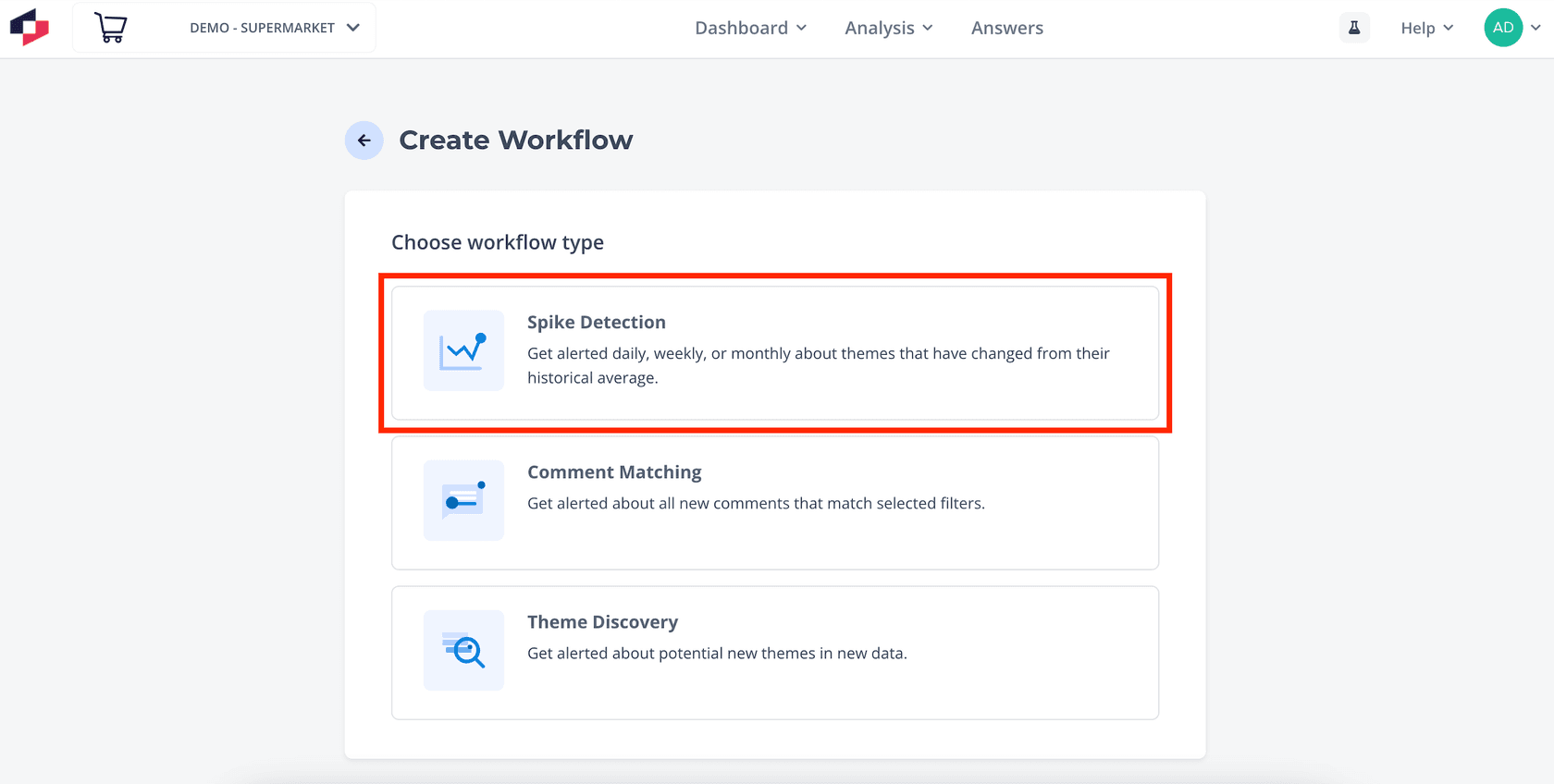 Thematic Create Workflow screen with Spike Detection highlighted above Comment Matching and Theme Discovery options, as taken from Thematic's help center