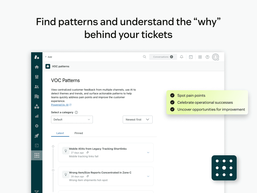 Zendesk VOC Patterns app showing a category selector and AI-detected patterns such as mobile 404s from legacy tracking shortlinks and wrong item reports concentrated in one zone, as taken from Zendesk