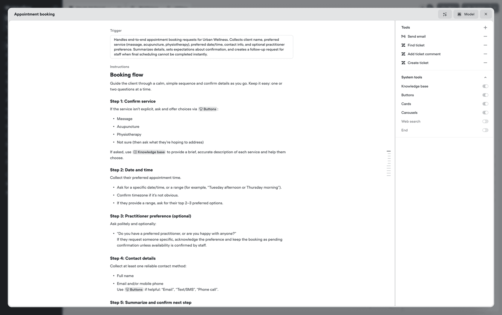 Voiceflow playbook editor showing an appointment booking playbook with its trigger, step-by-step instructions, Zendesk and Gmail tools, and system tool toggles, as taken from Voiceflow's docs