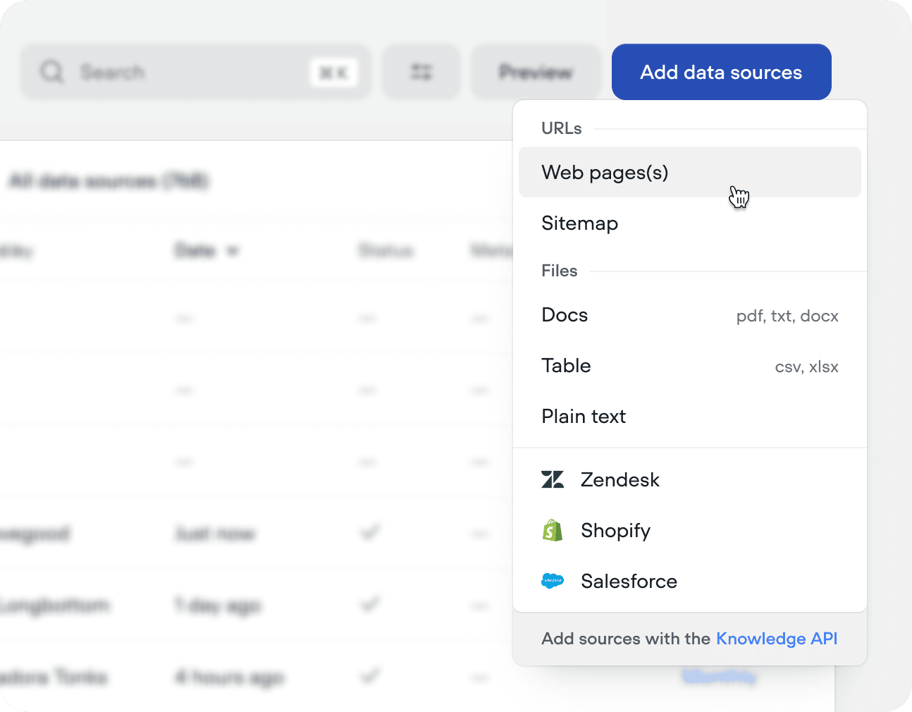 Voiceflow's Add data sources menu listing web pages, sitemap, docs, tables, plain text, Zendesk, Shopify and Salesforce, as taken from Voiceflow's docs