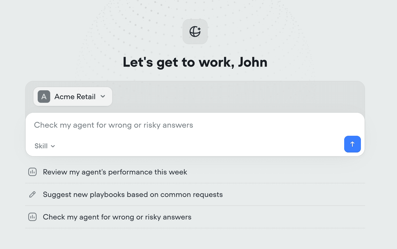Voiceflow Atlas copilot home screen with suggestions to review agent performance, suggest new playbooks and check the agent for wrong or risky answers, as taken from the Voiceflow docs changelog
