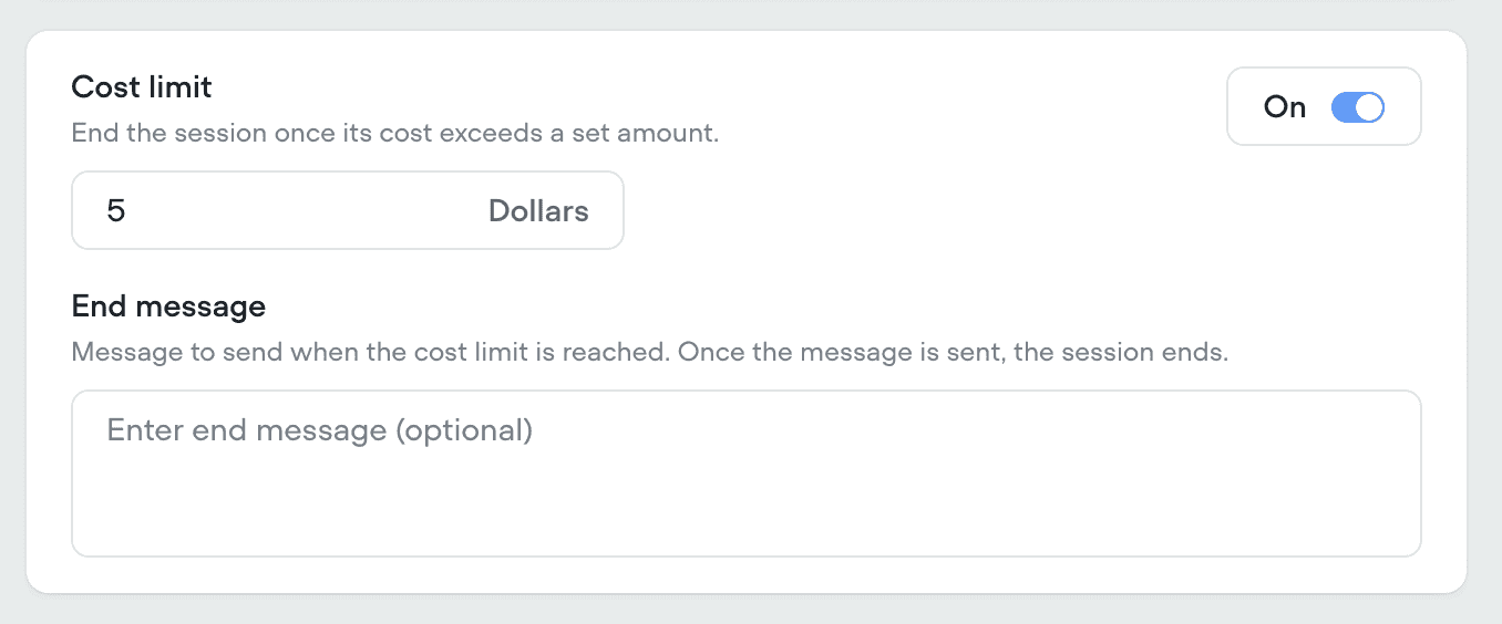 Voiceflow cost limit setting that ends a session once its cost exceeds a set dollar amount, with an optional end message, as taken from Voiceflow's docs
