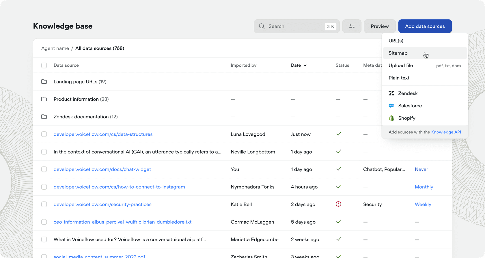 Voiceflow knowledge base listing 768 data sources with an Add data sources menu offering URLs, sitemap, file upload, plain text, Zendesk, Salesforce and Shopify, as taken from the Voiceflow docs