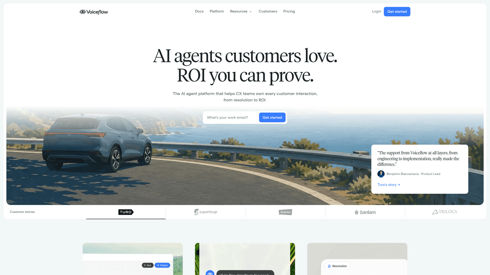 Voiceflow homepage with the headline "AI agents customers love. ROI you can prove." and customer stories from Turo, Superloop, StubHub, Sanlam and Trilogy, as captured from Voiceflow