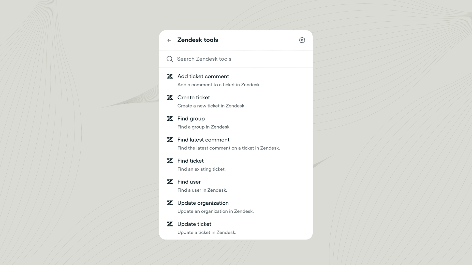 Voiceflow's Zendesk tools menu listing add ticket comment, create ticket, find group, find latest comment, find ticket, find user, update organization and update ticket, as taken from the Voiceflow docs