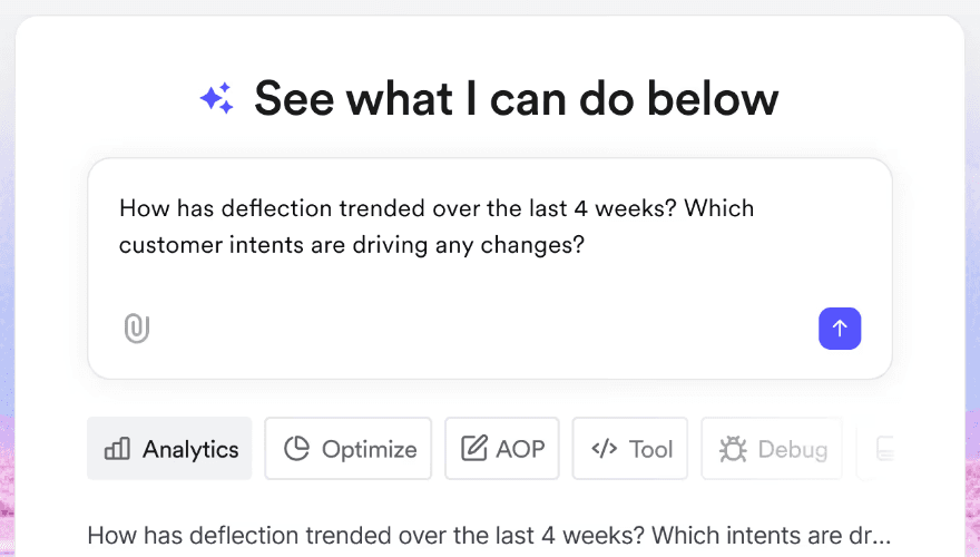 Decagon's Duet assistant prompt box asking how deflection has trended over the last four weeks, with Analytics, Optimize, AOP, Tool and Debug tabs underneath, as taken from Decagon