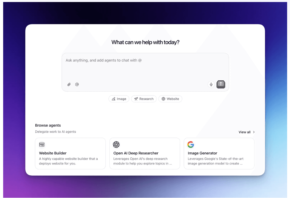 Relevance AI Chat interface asking what can we help with today, with a message box and a browse agents row offering Website Builder, Open AI Deep Researcher and Image Generator agents, as taken from Relevance AI's docs
