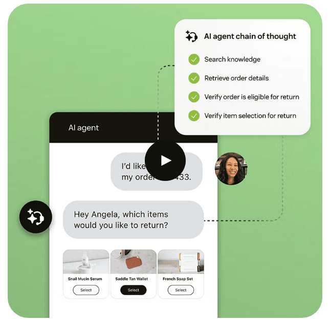 Zendesk AI agent product view showing a customer chat about a return next to an AI agent chain of thought panel that searches knowledge, retrieves order details and verifies return eligibility, as taken from Zendesk