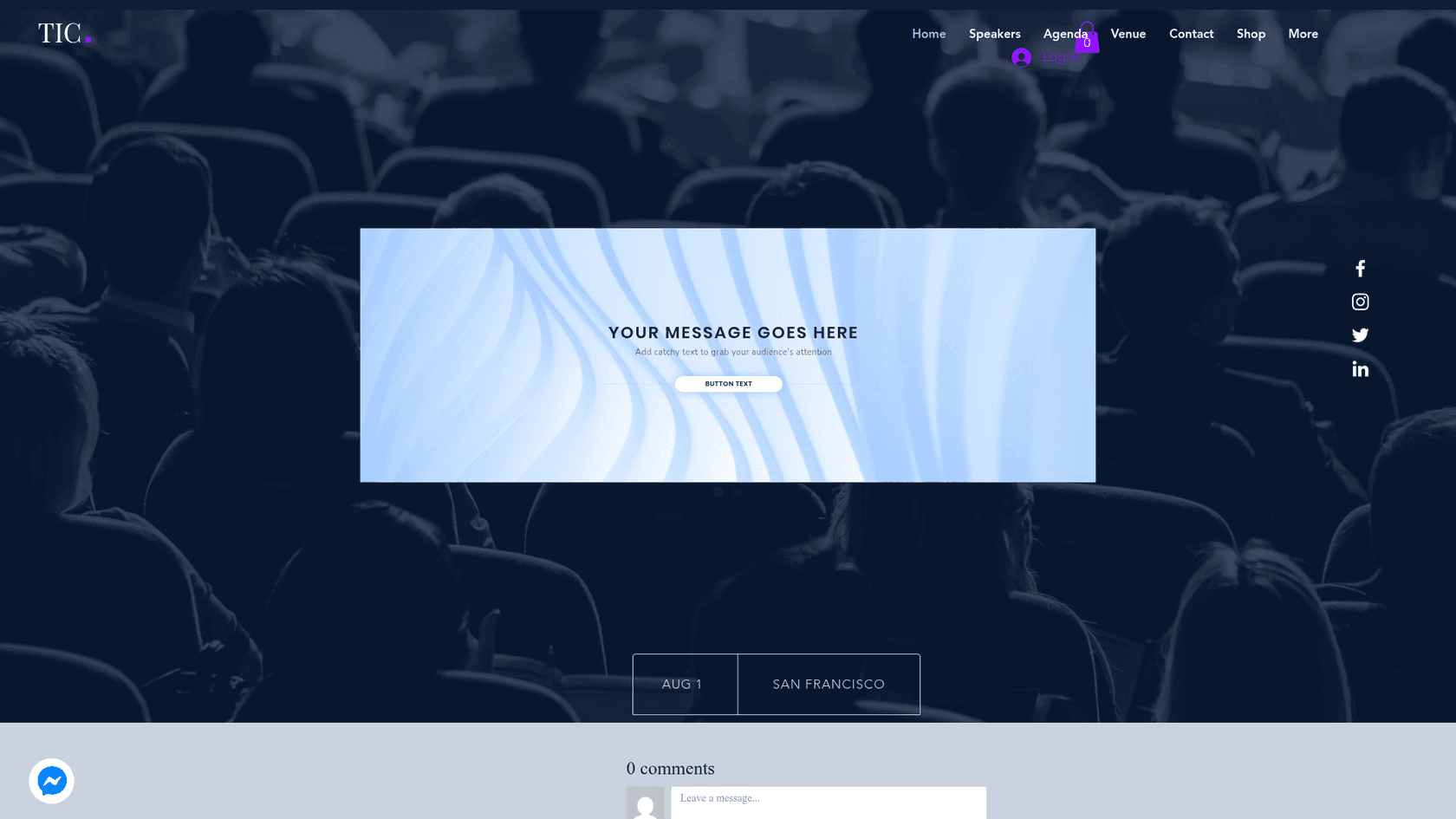 The vendor's demo site, a Wix event template, with a round blue Messenger button in the bottom-left corner of the page, as taken from the Vowels Labs demo site