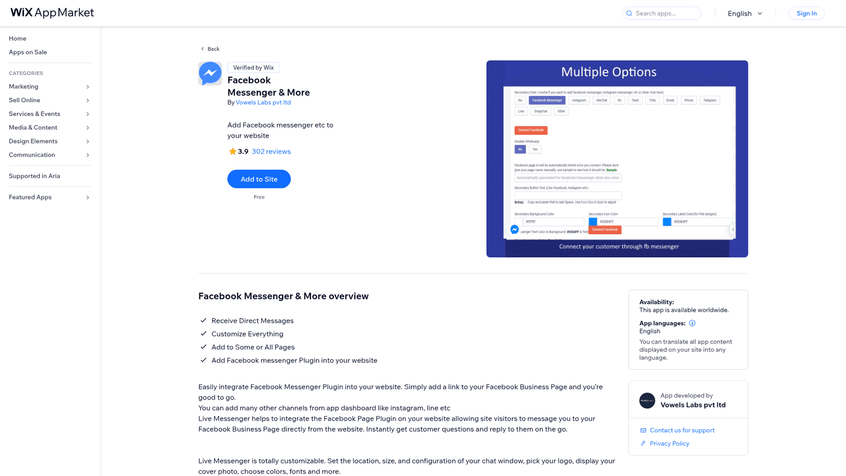 The Facebook Messenger & More listing by Vowels Labs pvt ltd on the Wix App Market, showing Verified by Wix, a 3.9 rating from 302 reviews, an Add to Site button marked Free and a gallery image titled Multiple Options, as taken from the Wix App Market