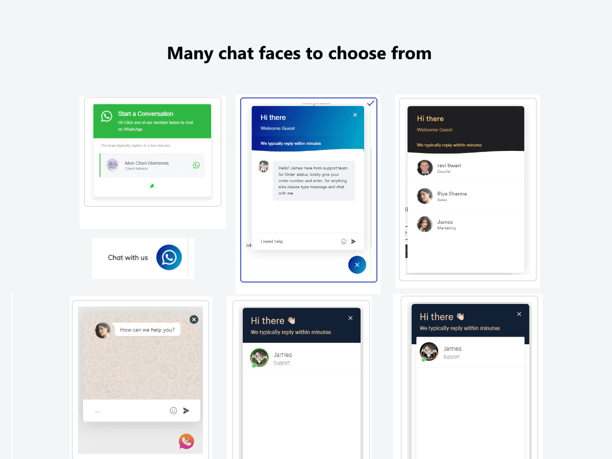 The vendor's gallery image titled Many chat faces to choose from, showing six WhatsApp pop-up styles including a green Start a Conversation card, a blue Hi there panel with a greeting about order status, and dark panels listing team members with roles, as taken from the Wix App Market listing