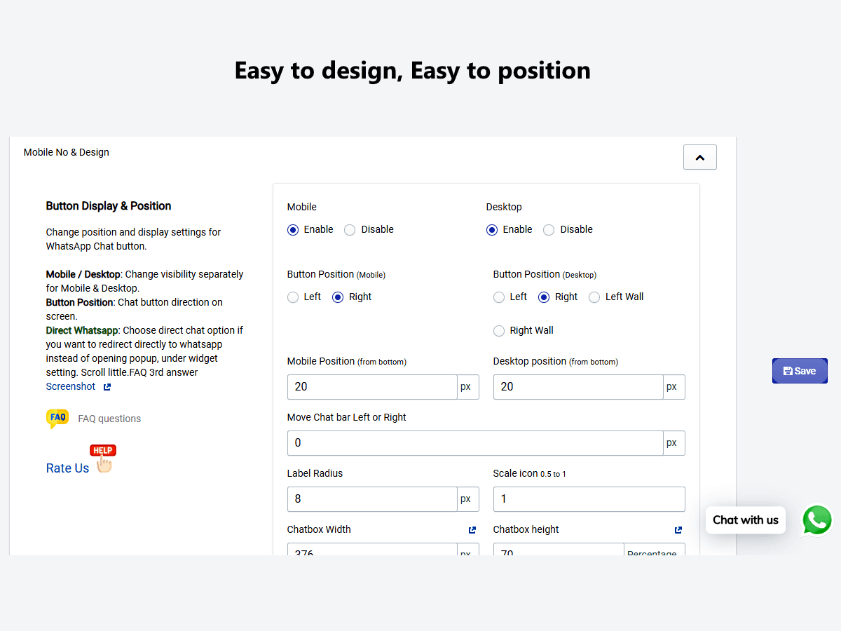 The vendor's settings panel titled Easy to design, Easy to position, with mobile and desktop enable toggles, button position options for left, right, left wall and right wall, position from bottom fields, label radius, icon scale and chatbox width and height, with a Chat with us WhatsApp button in the corner, as taken from the Wix App Market listing