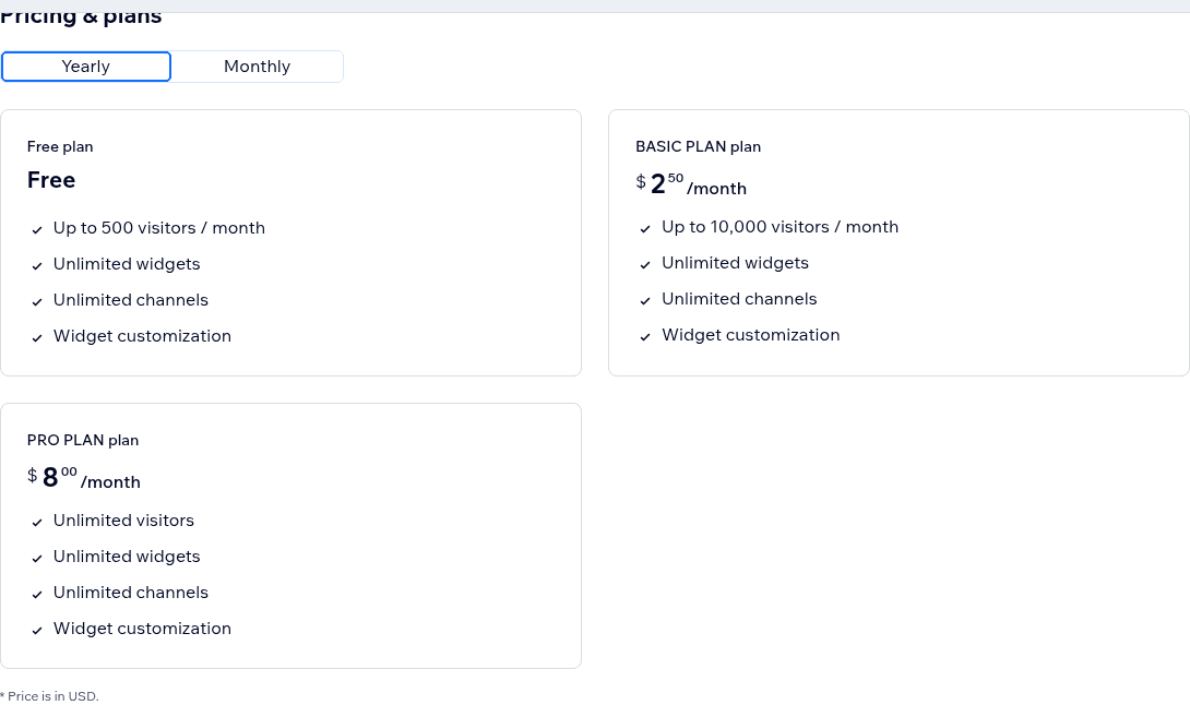 The Wix listing's Pricing and plans section on yearly billing, showing a Free plan up to 500 visitors a month, a Basic plan at $2.50 a month up to 10,000 visitors and a Pro plan at $8 a month with unlimited visitors, each with unlimited widgets, unlimited channels and widget customization, as taken from the Wix App Market