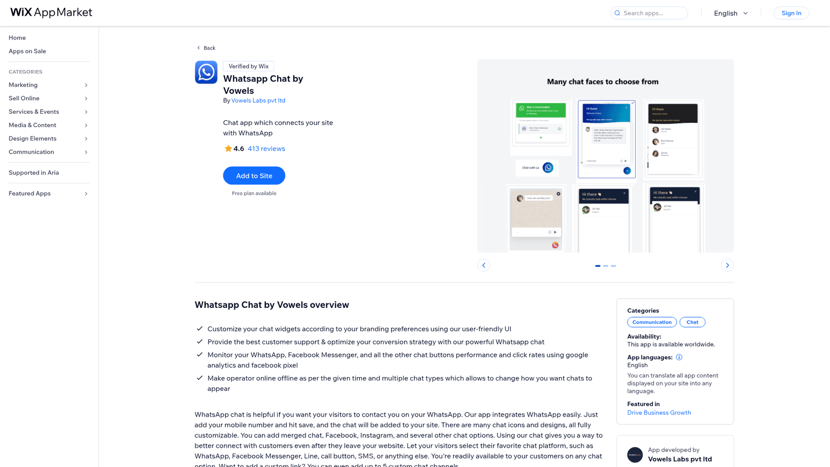 The Whatsapp Chat by Vowels listing on the Wix App Market, showing Verified by Wix, a 4.6 rating from 413 reviews, an Add to Site button with Free plan available, and a gallery image titled Many chat faces to choose from, as taken from the Wix App Market