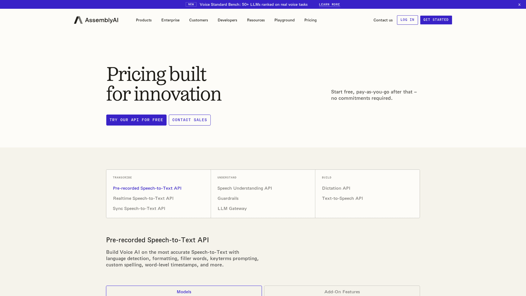 AssemblyAI's pricing page, listing the pre-recorded, realtime and sync speech-to-text APIs alongside text to speech, as taken from AssemblyAI