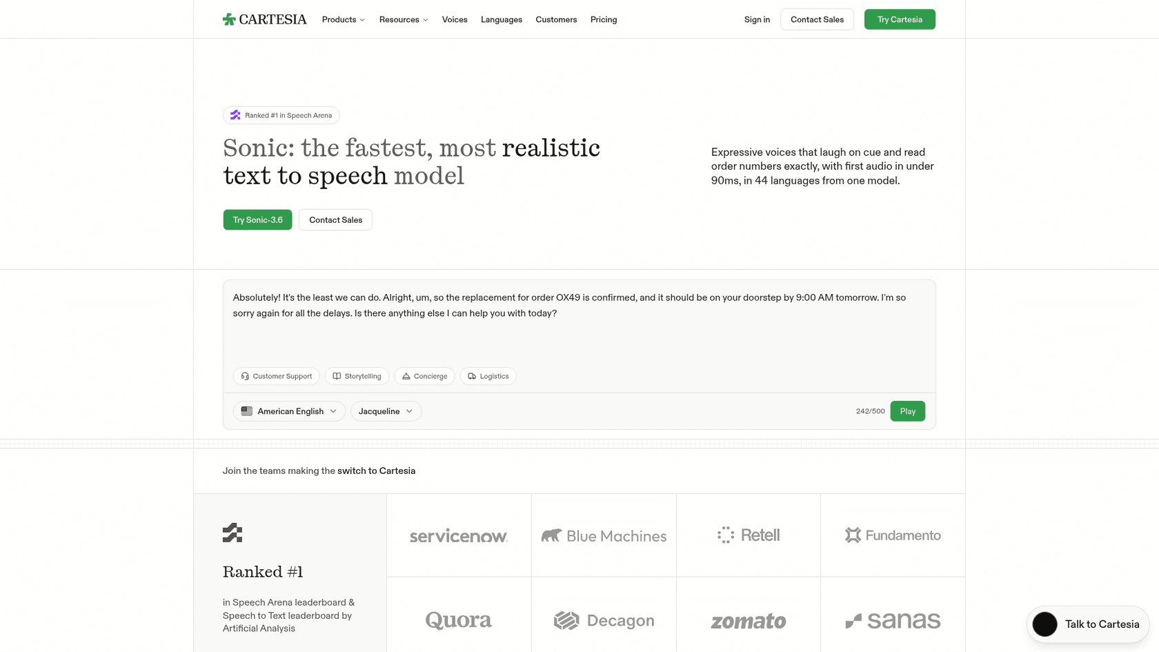 Cartesia's Sonic text to speech page, promising first audio in under 90ms in 44 languages, as taken from Cartesia