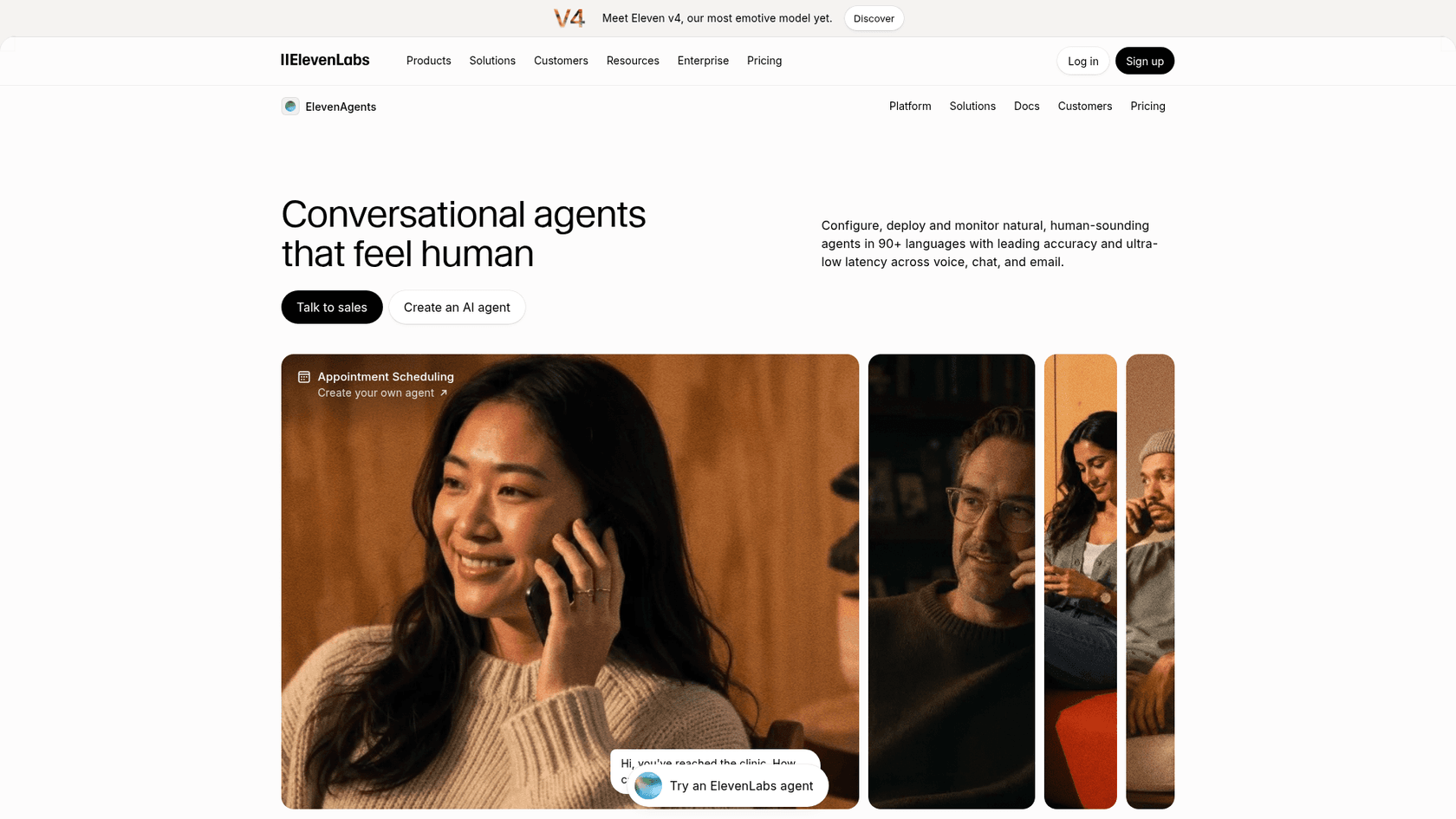 The ElevenAgents page from ElevenLabs, describing conversational agents in 90+ languages across voice, chat and email, as taken from ElevenLabs
