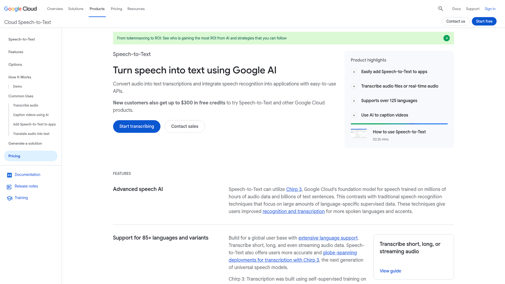Google Cloud Speech-to-Text product page, highlighting Chirp 3 and support for over 125 languages, as taken from Google Cloud
