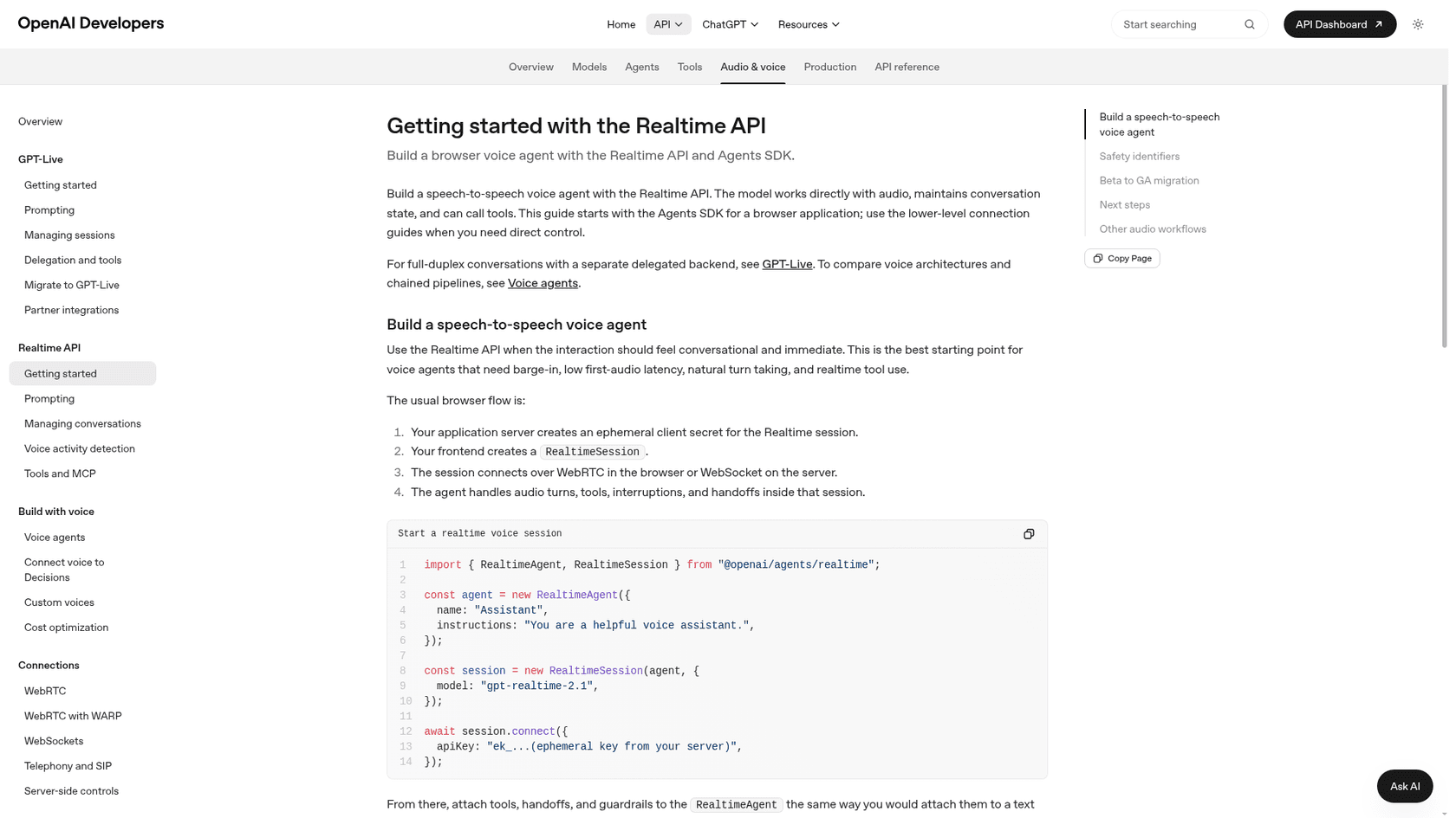 OpenAI's Realtime API getting started guide, showing a voice agent session on gpt-realtime-2.1, as taken from OpenAI's docs