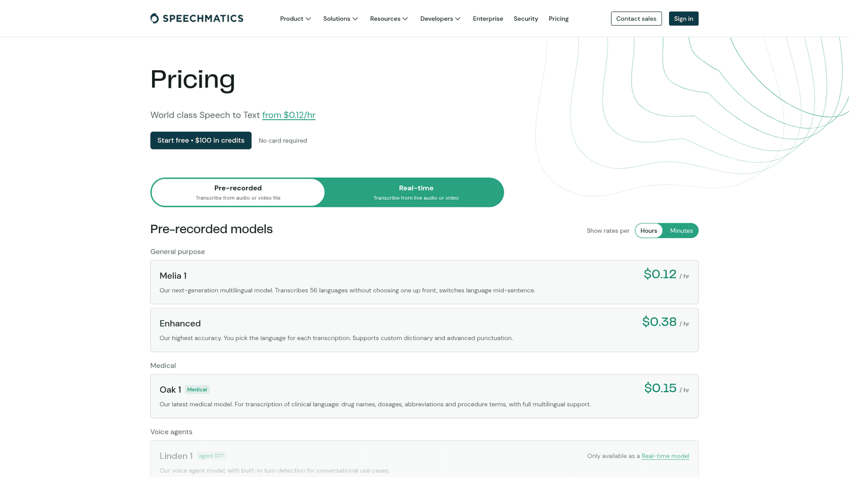 Speechmatics pricing page, listing Melia 1 at $0.12 an hour, Enhanced at $0.38 and the Oak 1 medical model at $0.15, as taken from Speechmatics