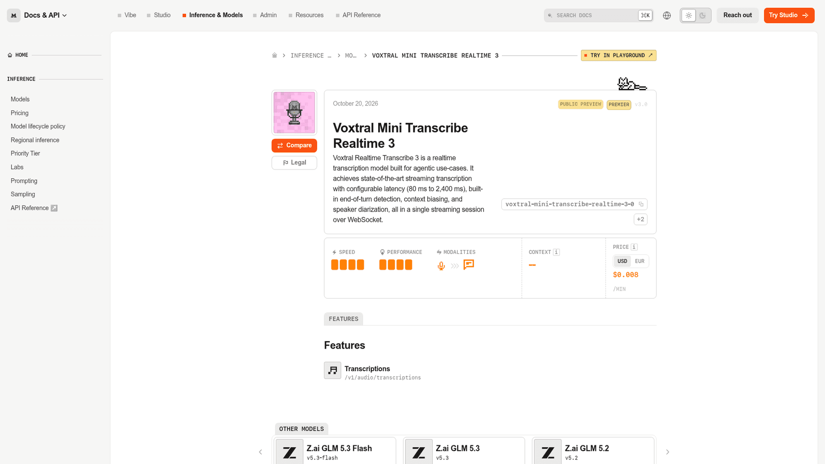 The Voxtral Mini Transcribe Realtime 3 model card, marked Public Preview and priced at $0.008 a minute, as taken from Mistral's docs
