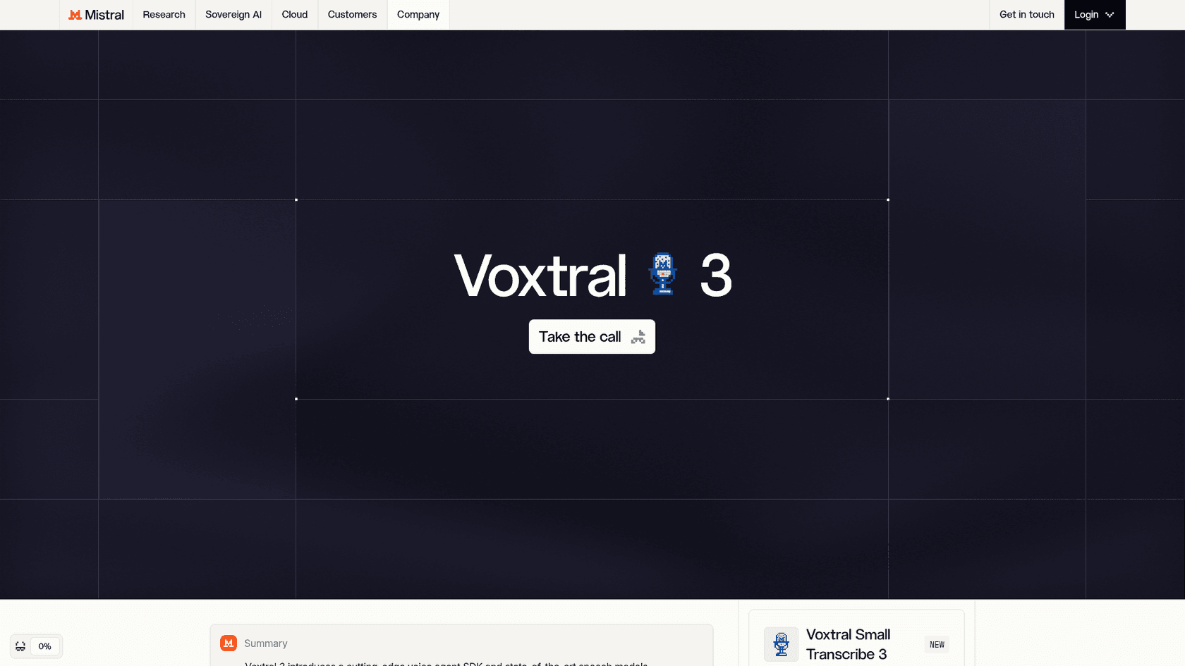 The Voxtral 3 launch page showing a sample voice agent call, as taken from Mistral's announcement