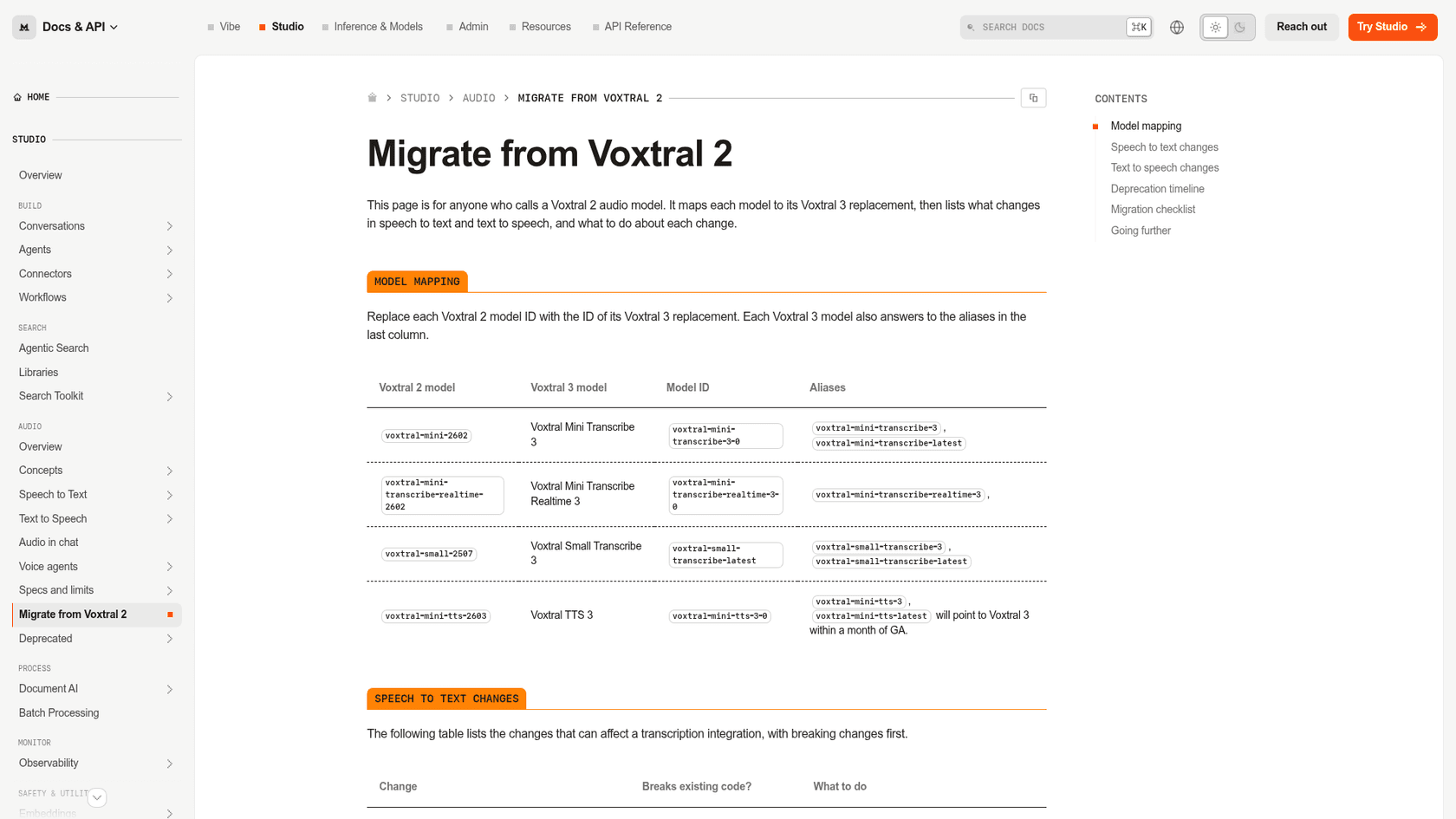 Mistral's guide to migrating from Voxtral 2, mapping old model IDs to Voxtral 3 replacements, as taken from Mistral's docs