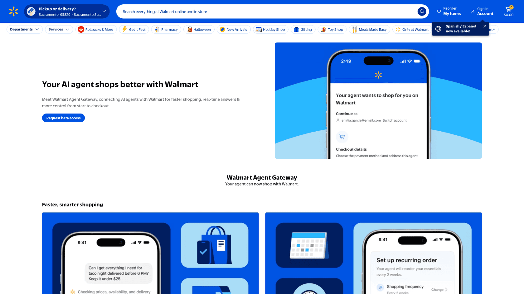 Walmart's Agent Gateway landing page with the headline "Your AI agent shops better with Walmart" and a phone showing an agent sign-in screen, as taken from Walmart