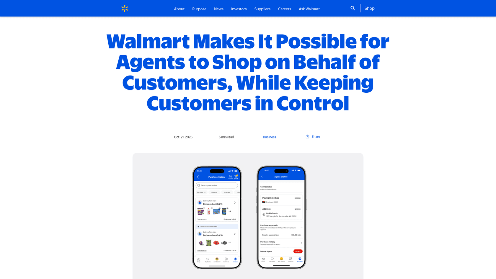 Walmart's announcement page showing a purchase history with an order marked as placed by an agent, next to an Agent Profile screen with payment method, address, a $50 purchase approval threshold and a delete button, as taken from Walmart